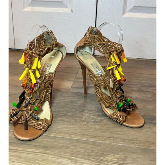Jimmy Choo RIS Style Macrame Brown Heels With Multi-Color Beaded Accent Size 10 - Picture 2 of 10